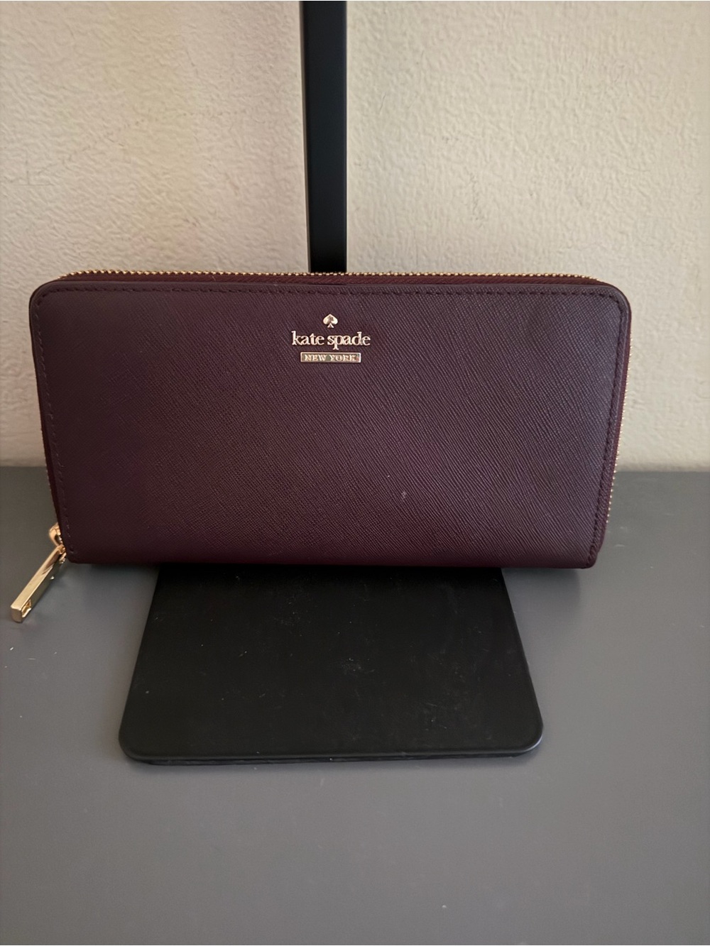 kate spade Burgundy Zip Wallet with Gold Hardware